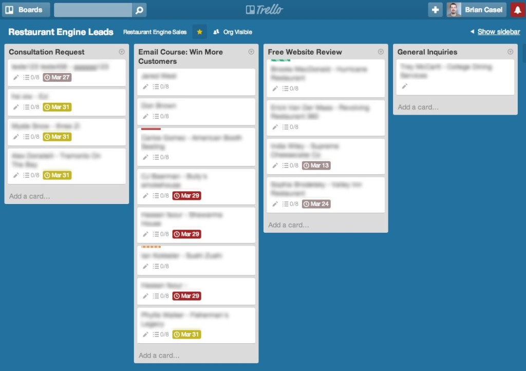 This is our "Leads" board in Trello. Each list represents a different lead source.