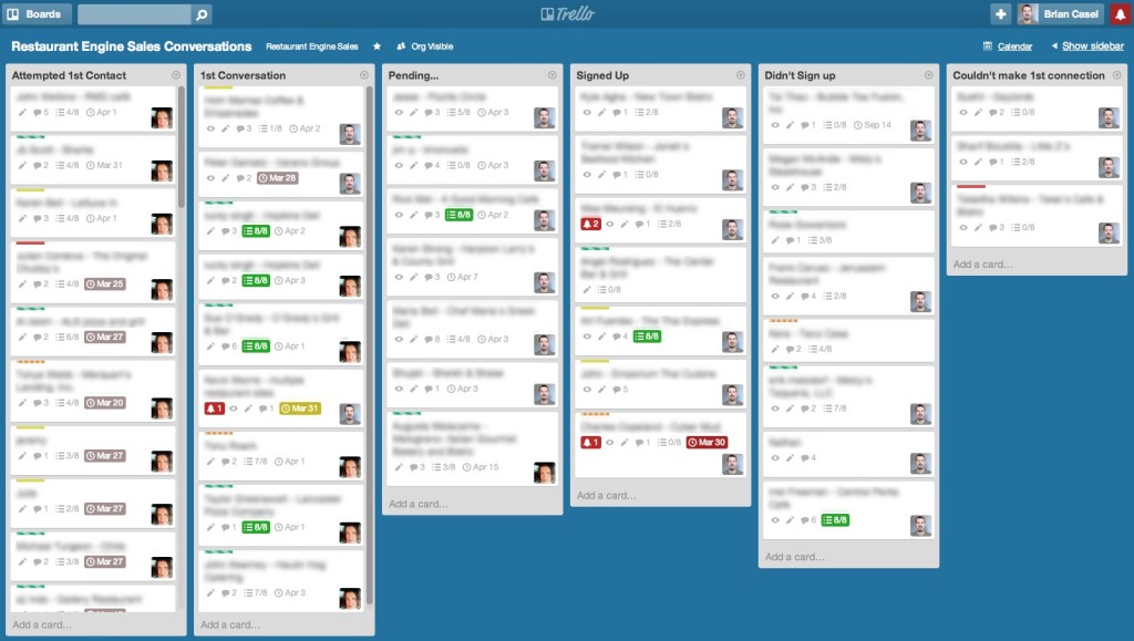 Our "Sales Conversations" Trello Board. Each list represents a different phase in the sales cycle.
